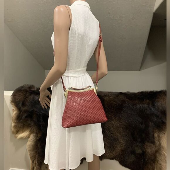 Handmade Genuine Woven Leather Double Kisslock Top Handle Bag & 2 Straps Style - Picture 6 of 16